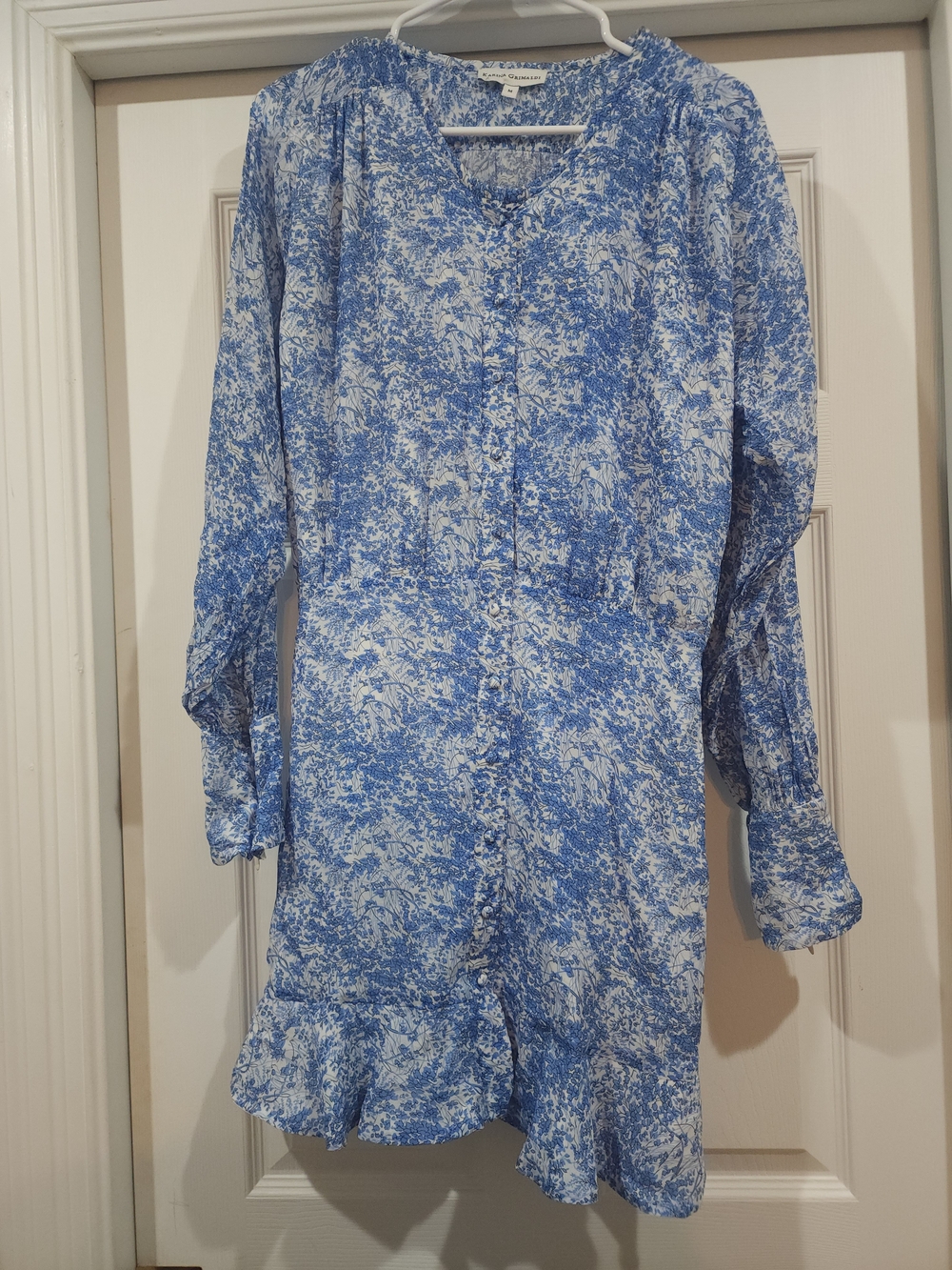 Karina Grimaldi Blue and White Printed Ruffle-Hem Midi Dress